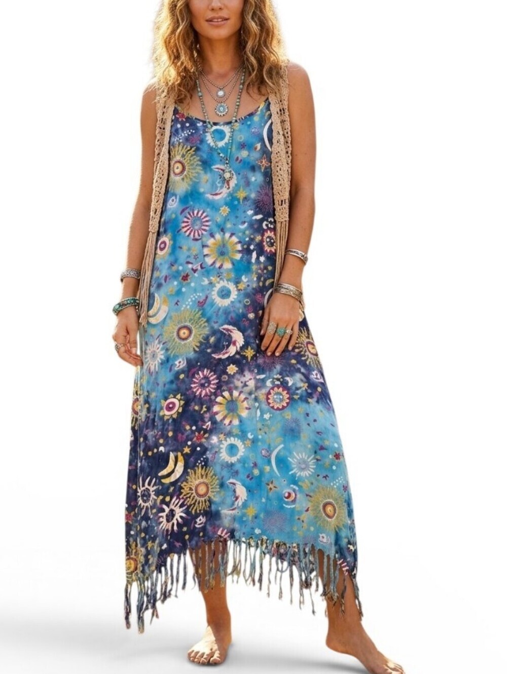 ​Henna Celestial Sun Moon Star Fringe Slip Dress Free Size Rayon Blue Whimsigoth